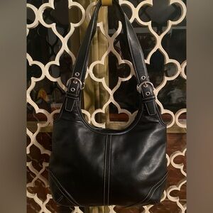 EXQUISITE COACH DOUBLE STRAP BLACK HOBO SHOULDER BAG SIGNATURE TAN INTERIOR